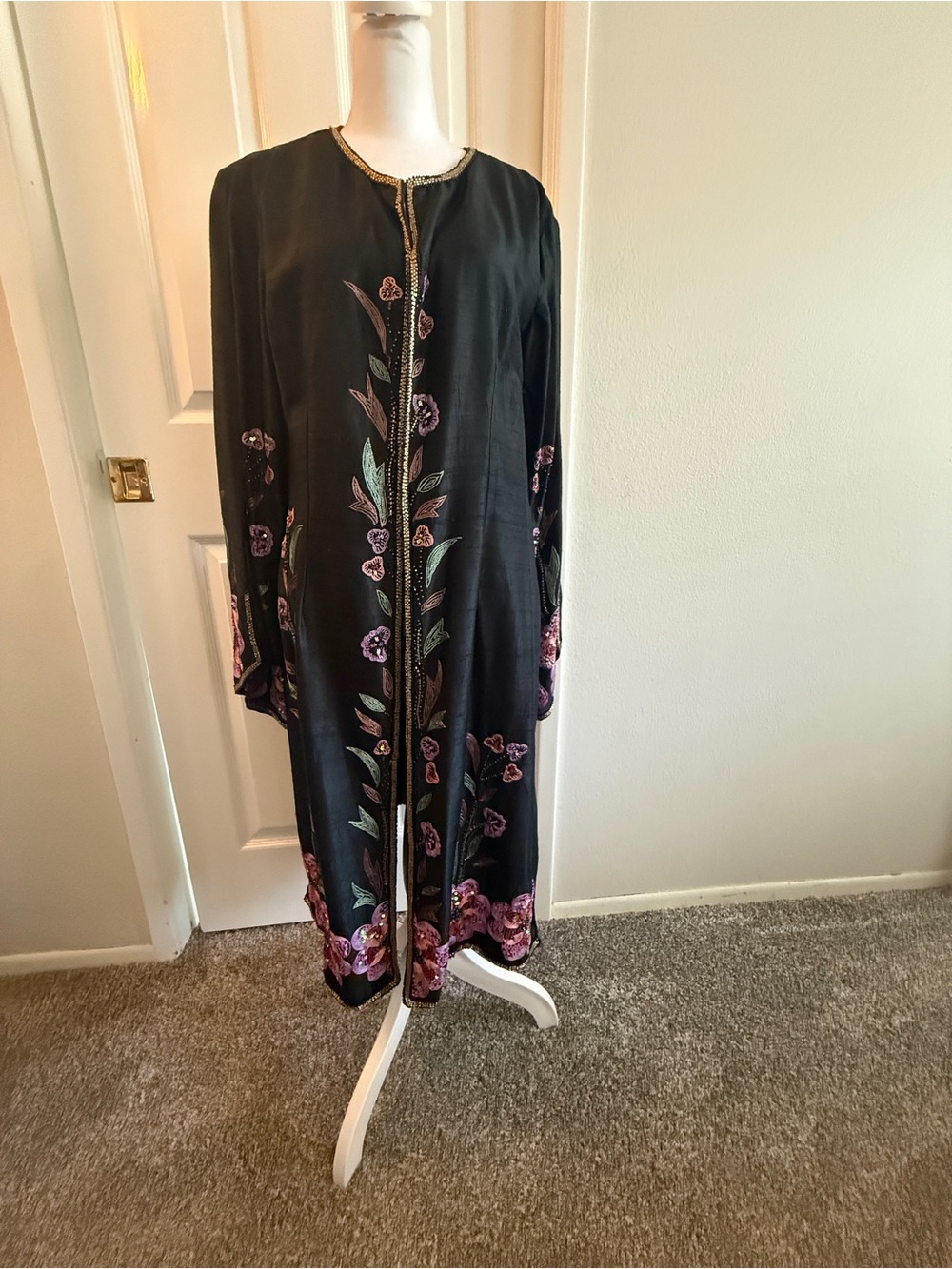 Black Long-Sleeve Embroidered Open-Front Maxi Dress with Purple Floral Accents